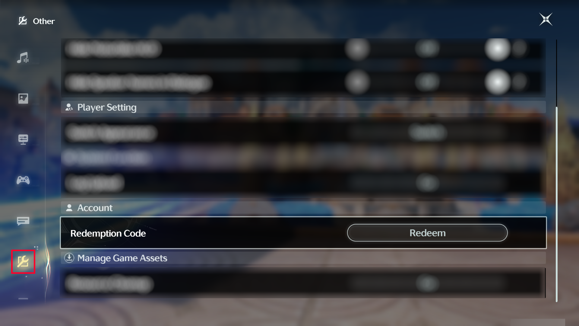 Wuthering Waves Settings screen showing the Redemption Code option
